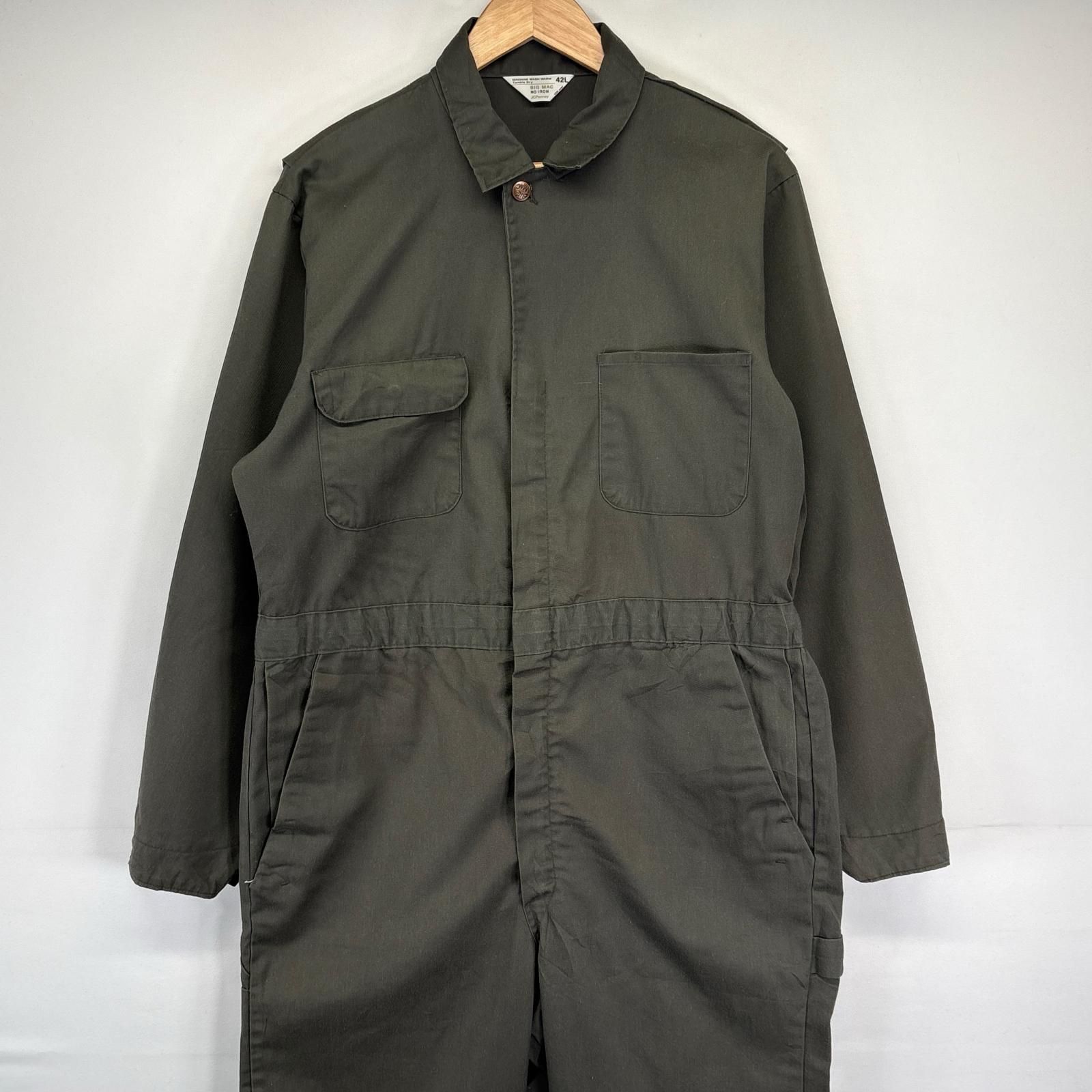 古着 70 s|70年代 ヴィンテージ ビッグマック BIG MAC 長袖つなぎ オールインワン ワーク 作業着 胸ポケット 無地 42 L カーキ系 メンズ