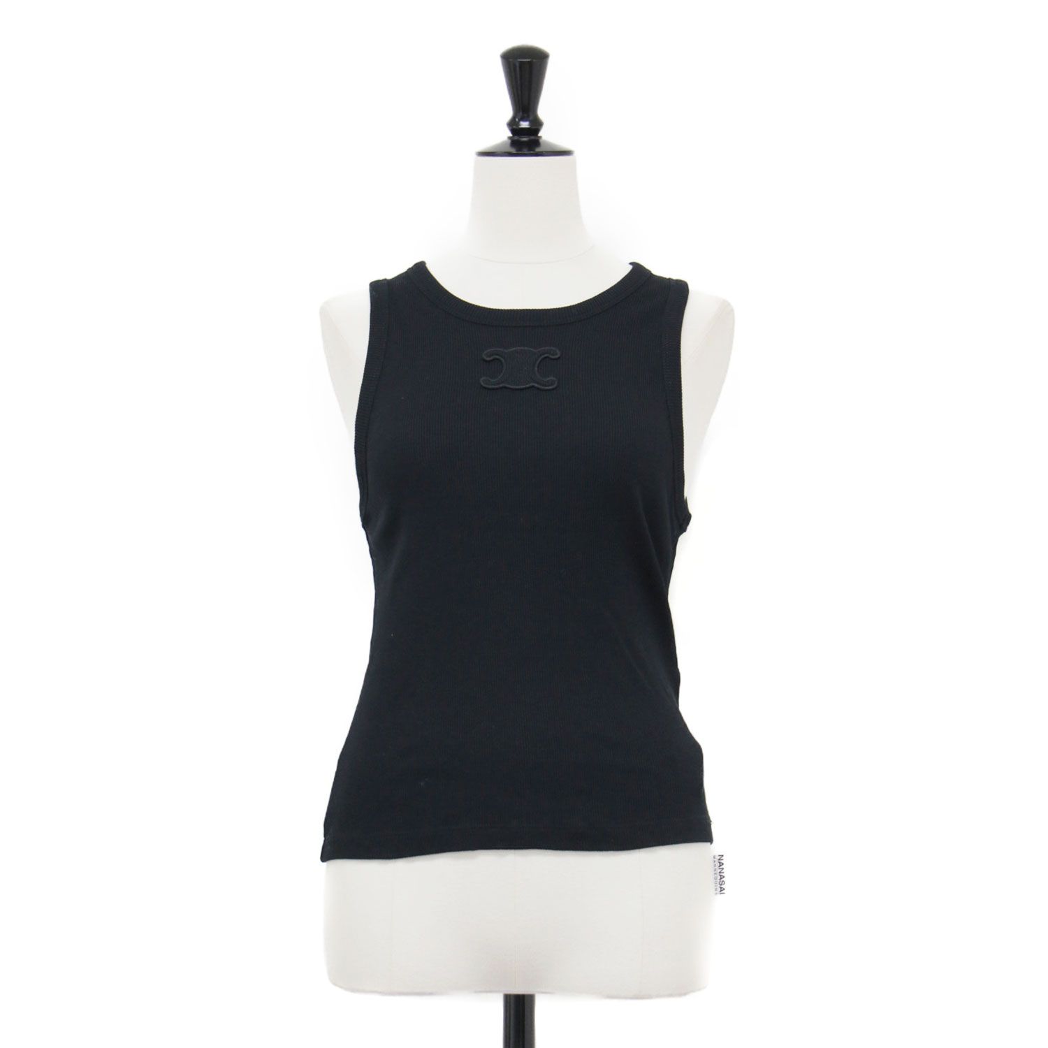 CELINE セリーヌ タンクトップ ブラック 黒 サイズ M | トリオンフ クルーネック パッチ リブ コットン トップス レディース