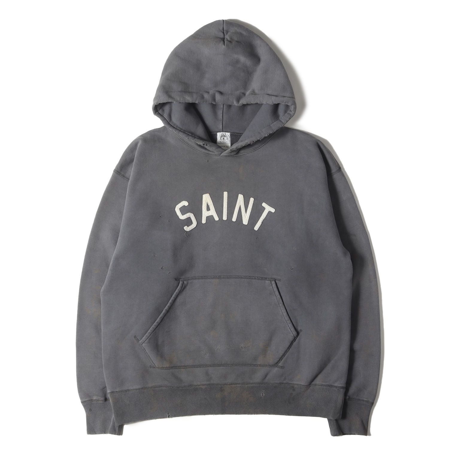 SAINT MICHAEL セントマイケル パーカー ネイビー系 紺 サイズ XL | 21 SS ヴィンテージ加工 アップリケロゴ スウェットパーカー HOLY RELICS HOODIE トップス フーディー プルオーバー メンズ