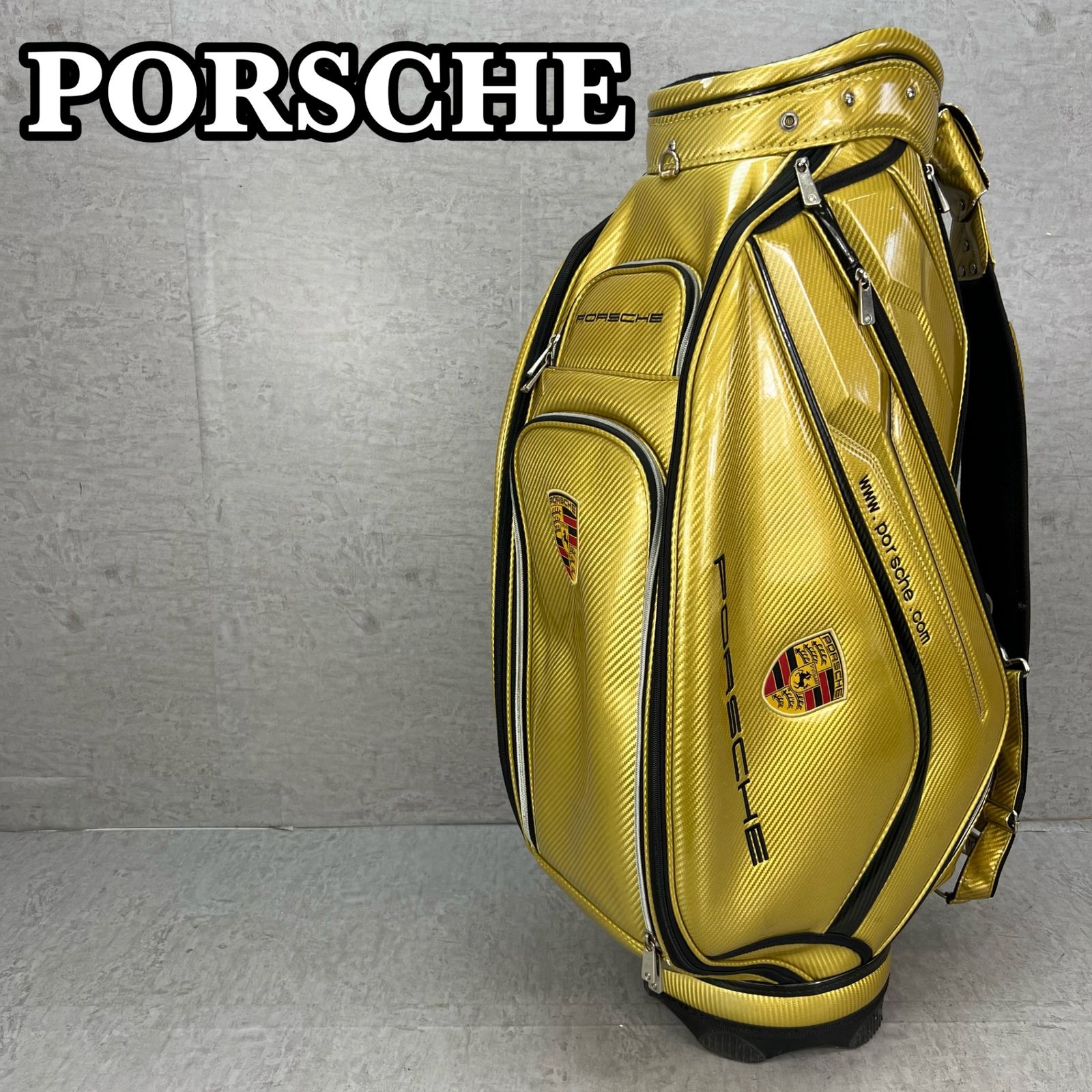 ポルシェ ゴルフ カート式キャディバッグ 約9.5型 エナメル製 ゴールド 金色 PORSCHE