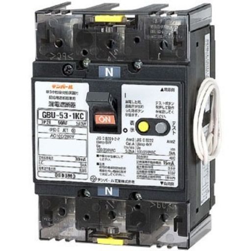 テンパール 単3中性線欠相保護付漏電遮断器OC付40 A 30 mAリード線付