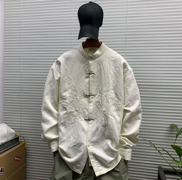 全新♥ 盤扣デザイン 長袖シャツジャケット メンズ 春秋 ルーズフィット 刺繍 シャツ K