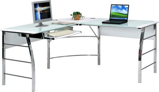 不二貿易パソコンデスクPCデスクL字型幅156 x奥行156 x高さ76 cmホワイト勉強机強化ガラスキーボードトレイ付70391