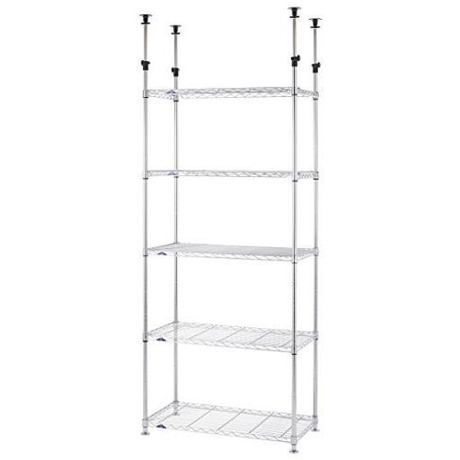 ドウシシャルミナススリム突っ張りラックスチールラック収納棚幅905段防サビ加工高さ調整転倒防止頑丈耐荷重135 kg 棚板 あたり 豊富なカスタムパーツポール径25 mm幅95.5 x奥行50 x高さ215.5-2…