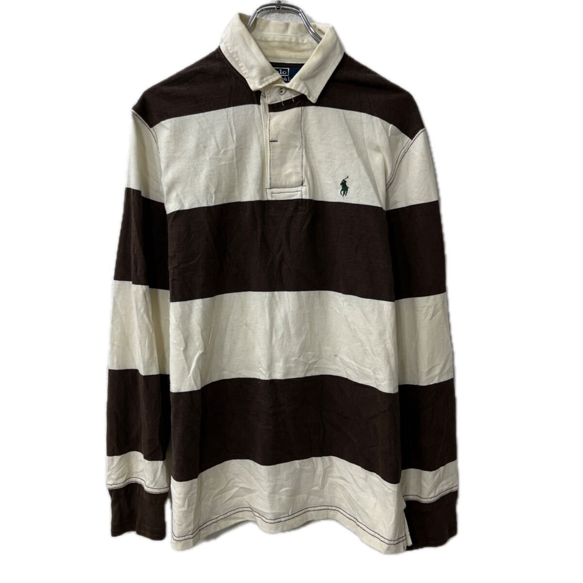 90s POLO Ralph Lauren 長袖 ボーダーポロシャツ M ホワイト ブラウン