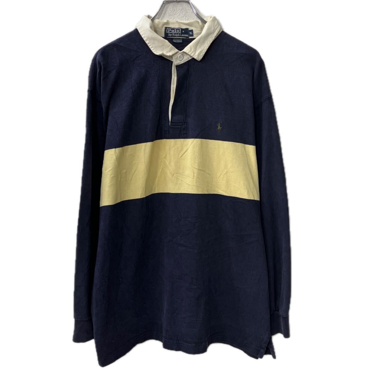 ラルフローレン 90s ラガーシャツ 長袖 XL ボーダー 90s POLO Ralph Lauren 長袖 ボーダーポロシャツ XL ネイビー イエロー