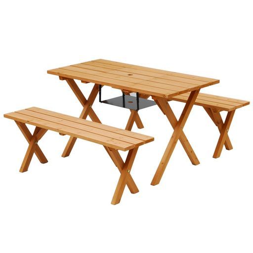 ガーデンマスター Gardenmaster ガーデンテーブル-ベンチ3点セットテーブル1点-チェア2点セット天然木杉材パラソルホール付きコンロ台付お庭ベランダテラスバルコニーガーデンマスターPTS-1…