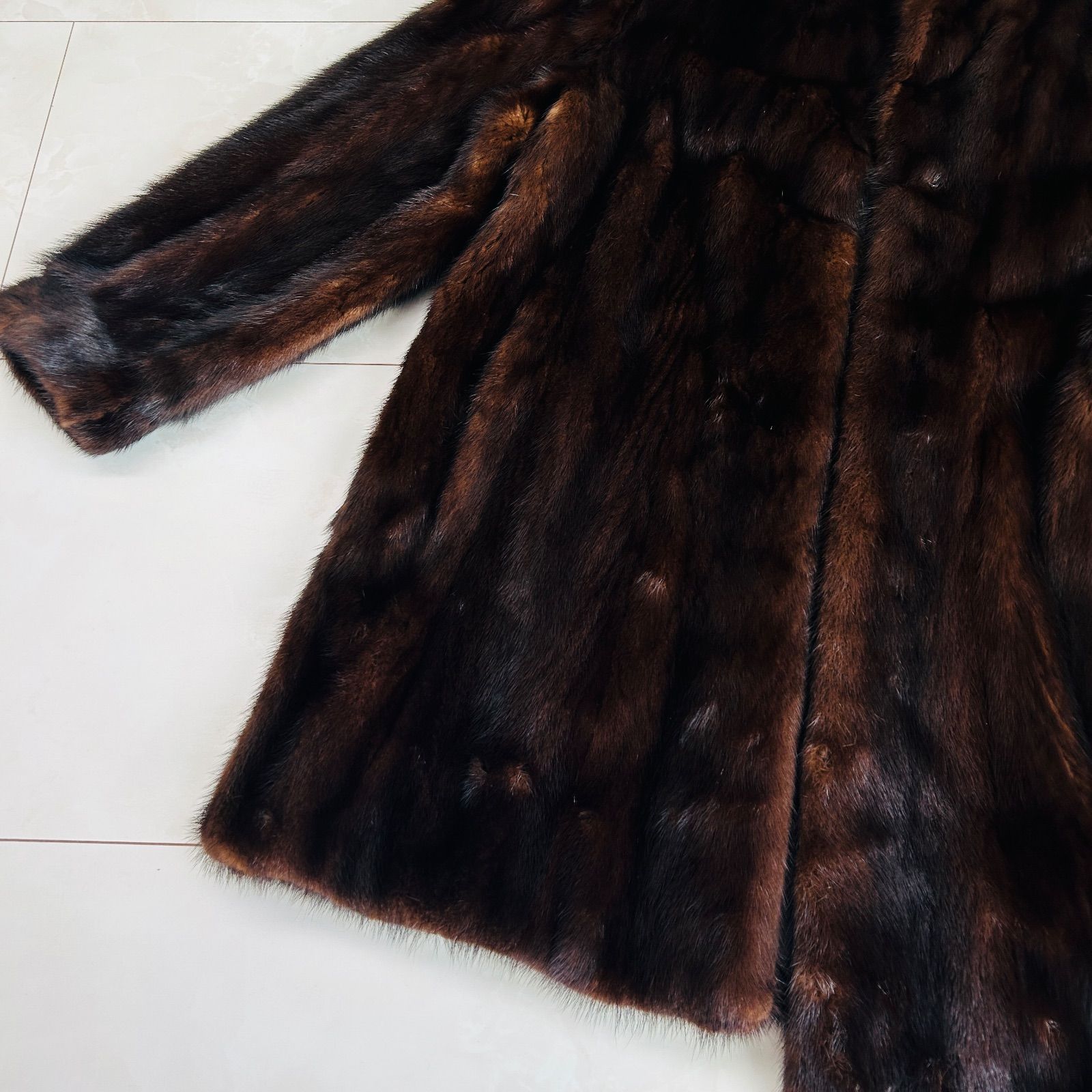 ブラウン ミンク毛皮コート 襟付き　13号 極美品◇MITSUKOSHI 三越 MINK ミンク 本毛皮コート ブラウン 毛質艶や