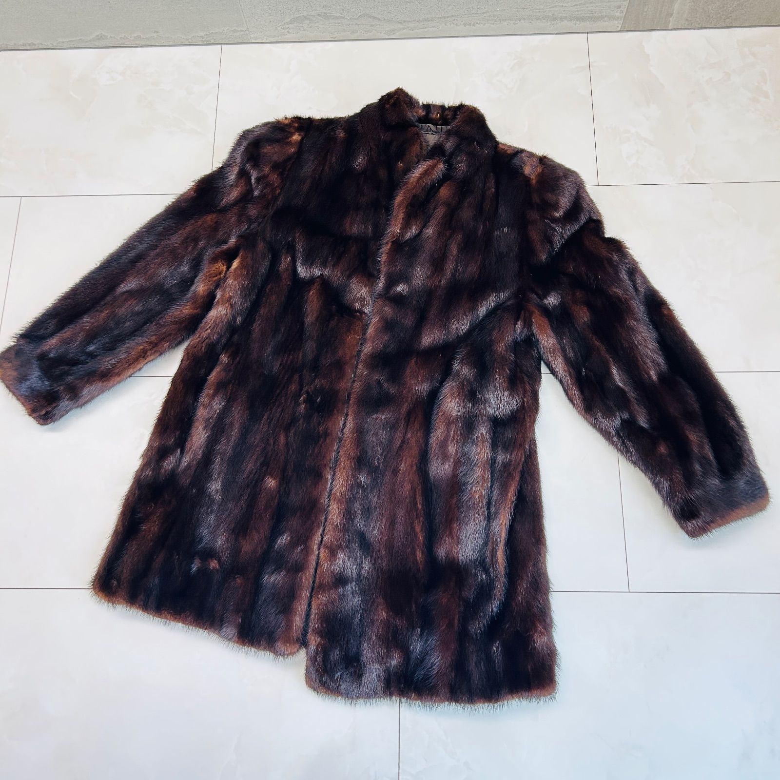 ミンク 毛皮 コート ブラウン系 ネーム入り 13号 レディース 中古美品