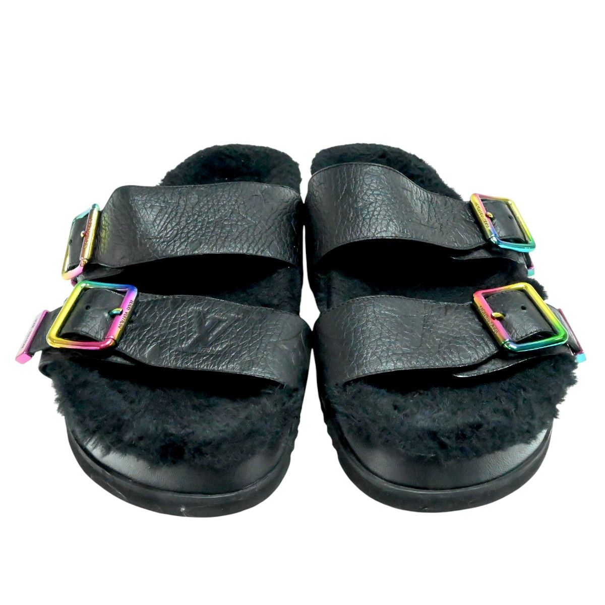 LOUIS VUITTON ルイヴィトン モノグラムアンプラント ミラボーライン レザー|ファー サンダル 8 ブラック|レインボー T 2512-k 125