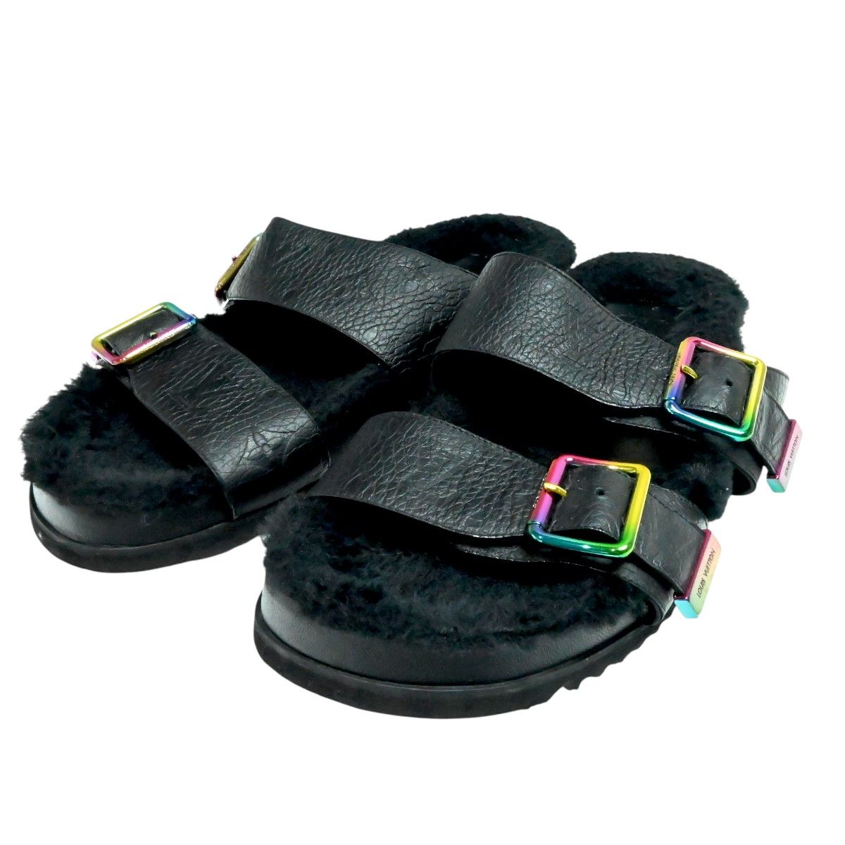 LOUIS VUITTON ルイヴィトン モノグラムアンプラント ミラボーライン レザー|ファー サンダル 8 ブラック|レインボー T 2512-k 125