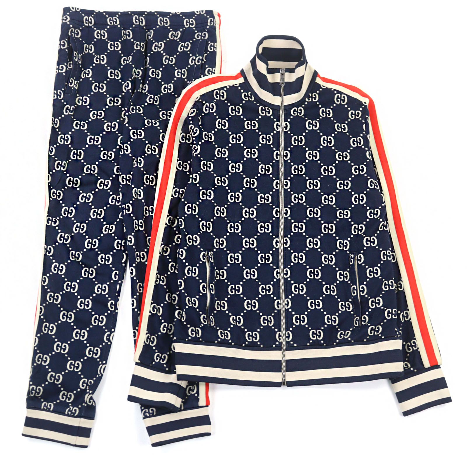 ○GUCCI グッチ 496919|496920 GGジャガード サイドライン セットアップ ネイビー系 JK L|Pt S イタリア製 メンズ