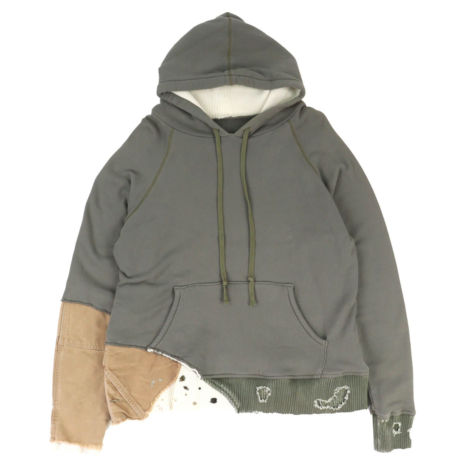 △Greg Lauren グレッグローレン HOODIE コットン100％ ダメージ加工 再構築 ドッキング プルオーバー パーカー カーキ系 3 メンズ