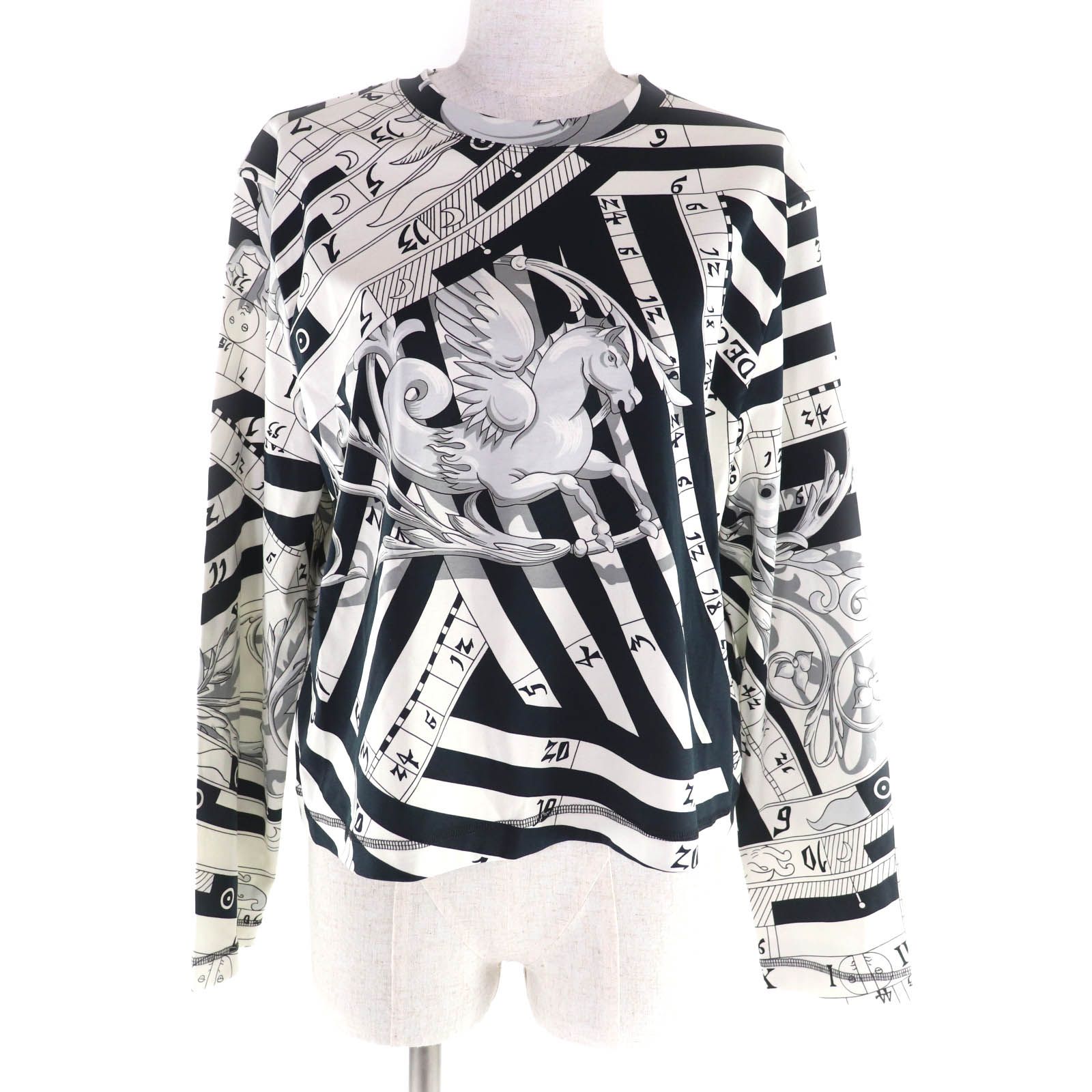 ♥品 HERMES エルメス 2025年製 コットン100％ アストロジー リミックス Astrologie Remix クルーネック 長袖 トップス ホワイト ブラック 36 フランス製 レディース