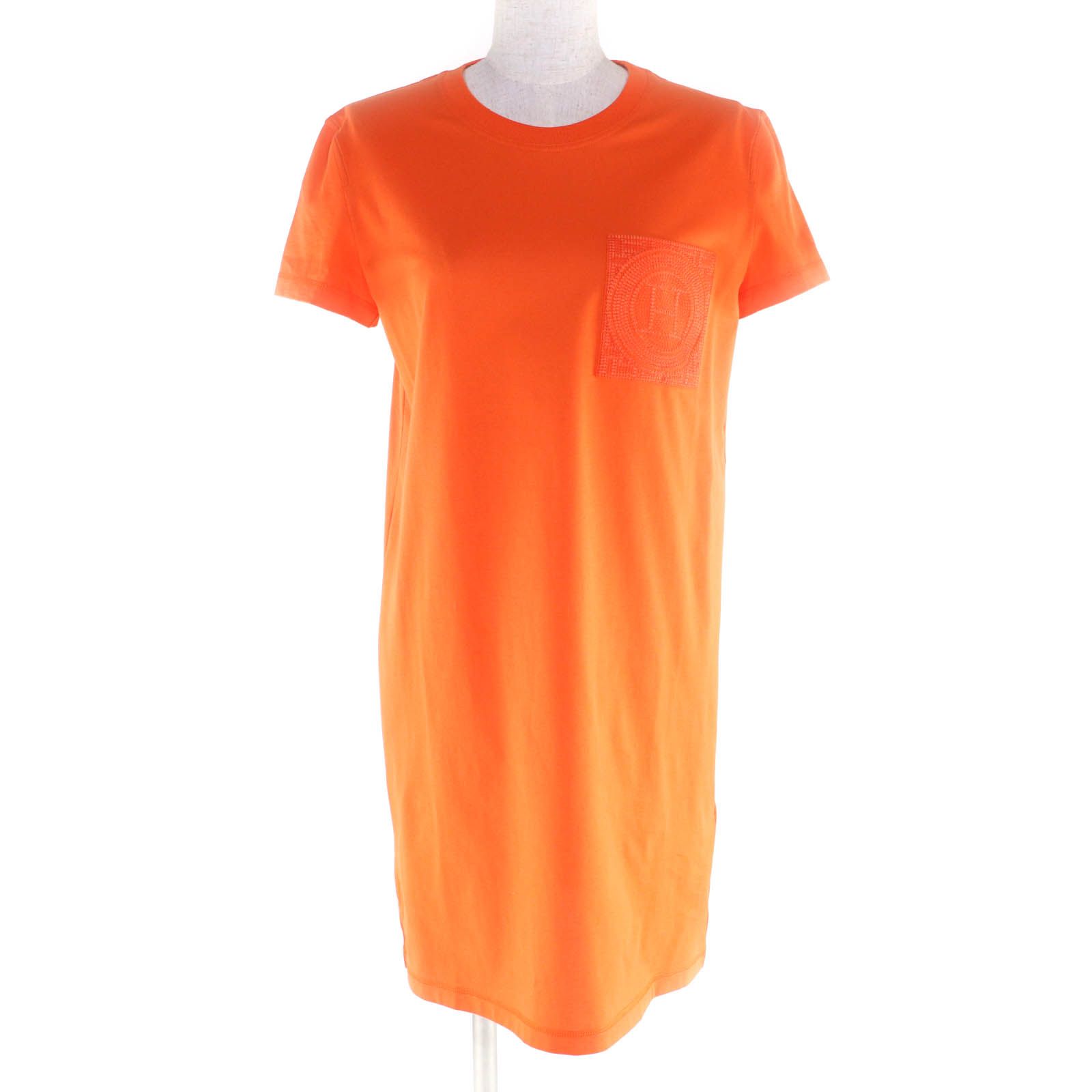 ♥品 HERMES エルメス 2025年製 コットン100％ Hロゴ刺繍 ポケット付 半袖 Tシャツ ワンピース オレンジ 36 イタリア製 レディース
