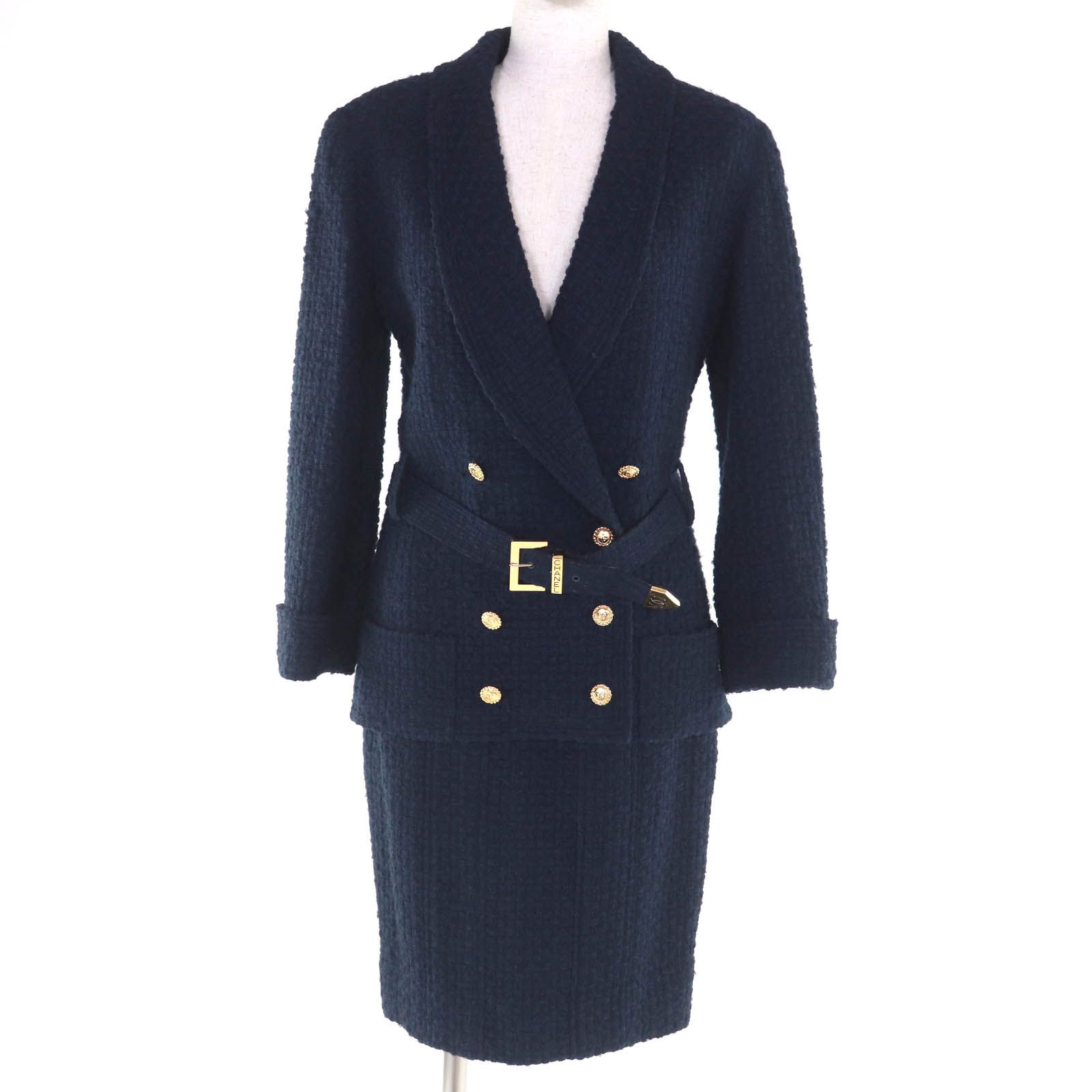 CHANEL シャネルブティック ヴィンテージ ウール 90’s ココマークボタン ロゴベルト付き ツイード スーツ ネイビー 36 フランス製 レディース
