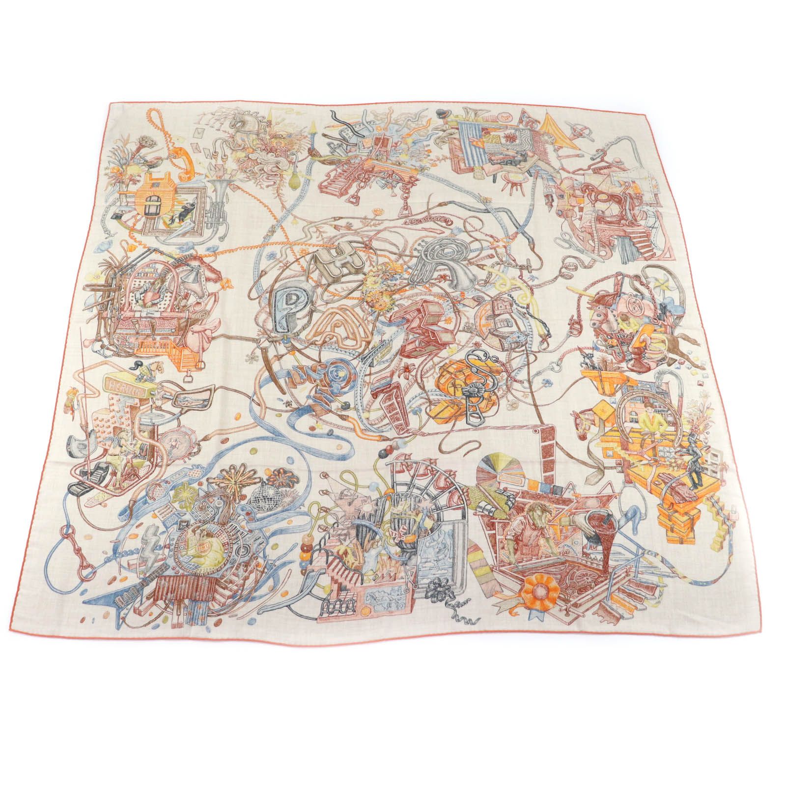 ♥品 HERMES エルメス 25 AW カレジェアン エルメスの世界 Le Monde d カシミヤ シルク混 ナチュラル |オレンジ |ブラウン スカーフ き フランス製 レディース