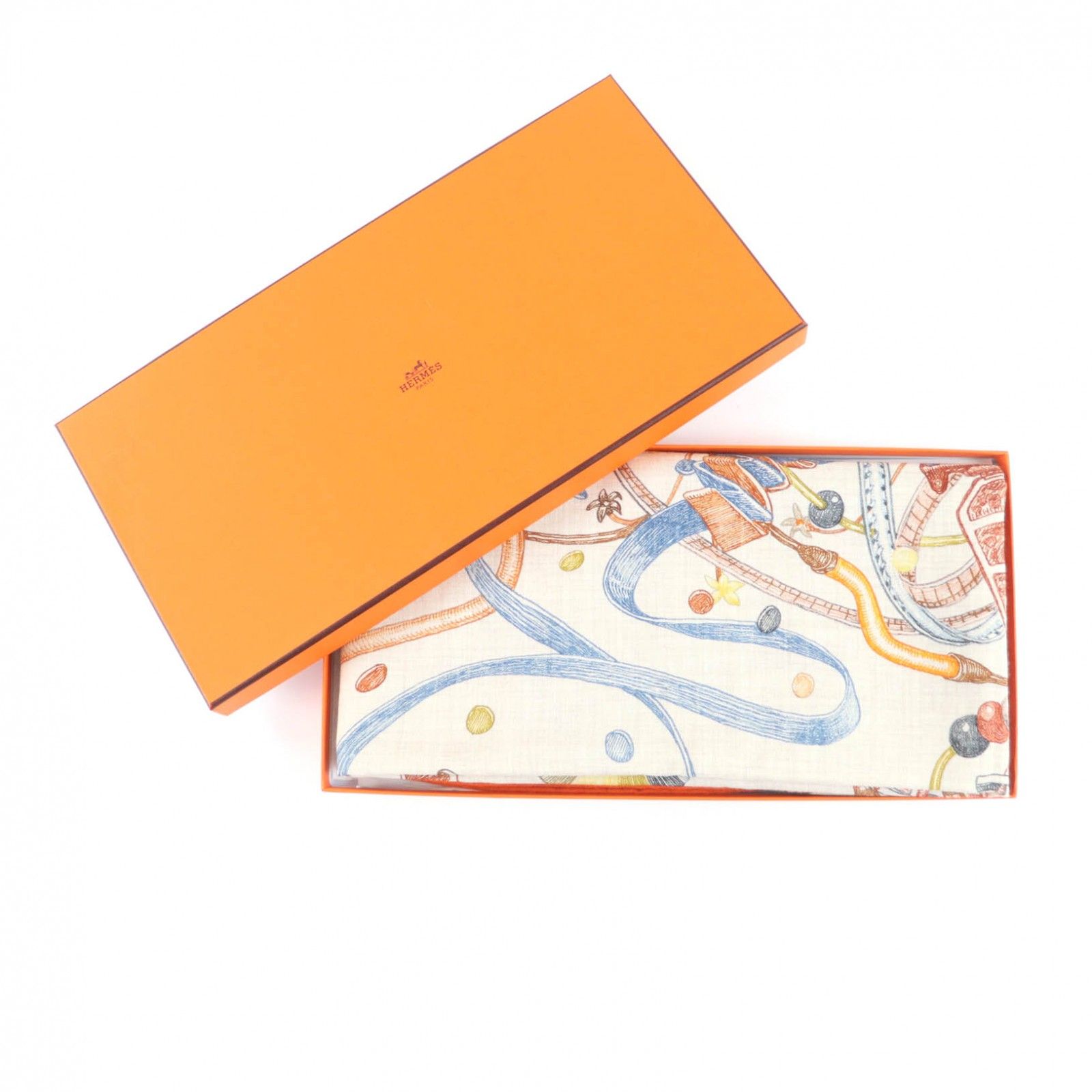 ♥品 HERMES エルメス 25 AW カレジェアン エルメスの世界 Le Monde d カシミヤ シルク混 ナチュラル |オレンジ |ブラウン スカーフ き フランス製 レディース