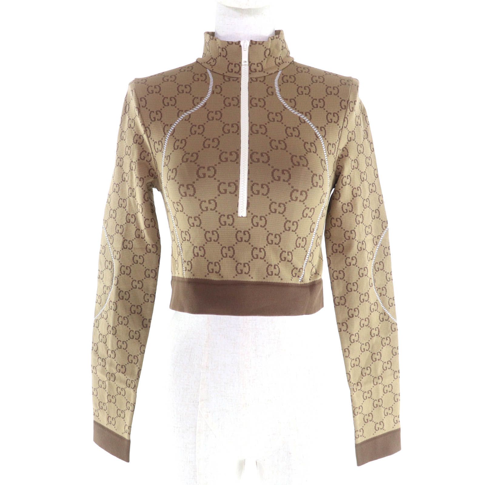 ♥品 GUCCI グッチ 715524 GG柄 ハーフZIP 長袖 クロップド トップス ブラウン S イタリア製 レディース