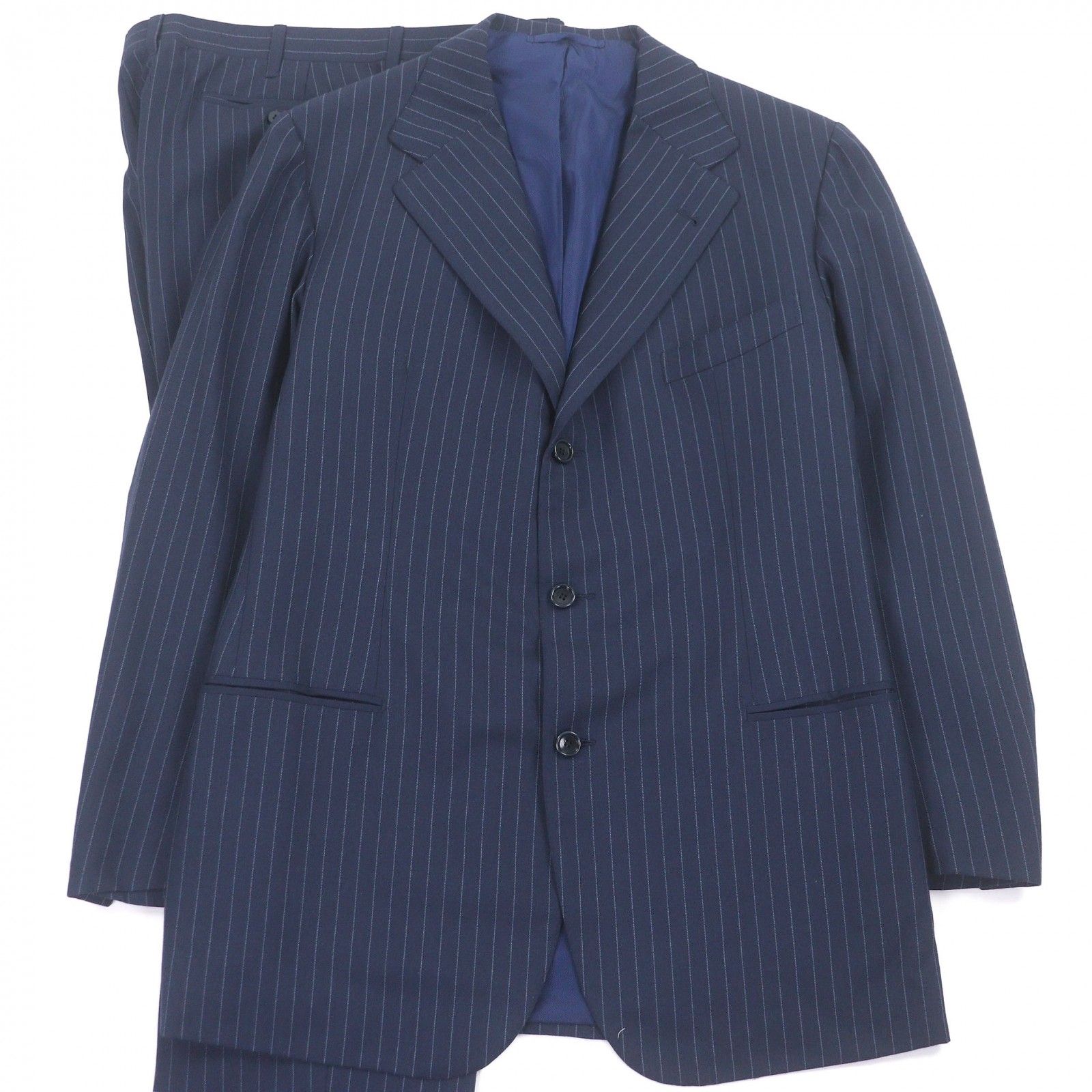□Tindaro De Luca ティンダロ デ ルーカ ストライプ柄 ビスポーク シングルスーツ 上下セットアップ ネイビー Lサイズ相当 メンズ