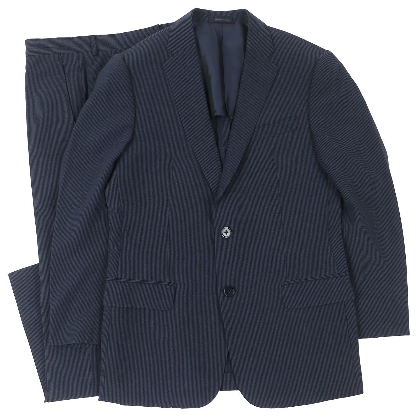 △ARMANI アルマーニコレッツォーニ M LINE ウール シルク ストライプ織柄 シングルジャケット パンツ スーツ セットアップ ネイビー 44 ブルガリア製 メンズ