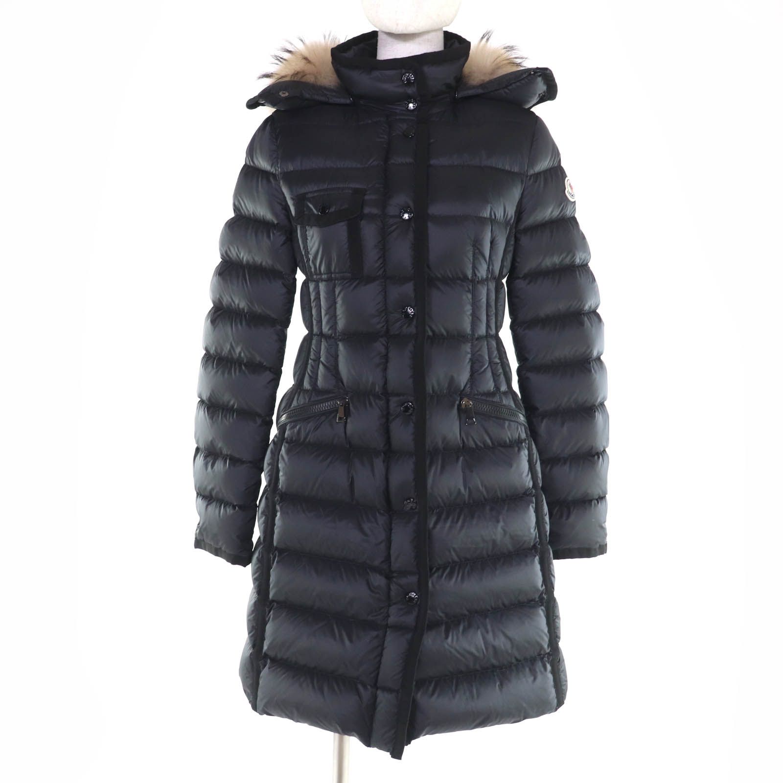 MONCLER モンクレール 18-19 AW エルミファー ファー フード ロゴワッペン付 ダウンコート ブラック 0 レディース