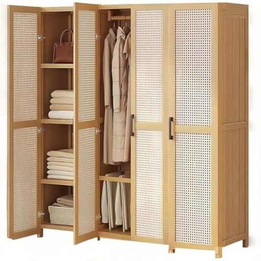 ワードローブ扉付きクローゼット幅120 cmハンガーラック天然竹製通気性大容量洋服タンス棚付き奥行き42*高さ160.8 cm省スペース組み立て簡単衣類収納ラック寝室寮仮設住宅適用日本語…