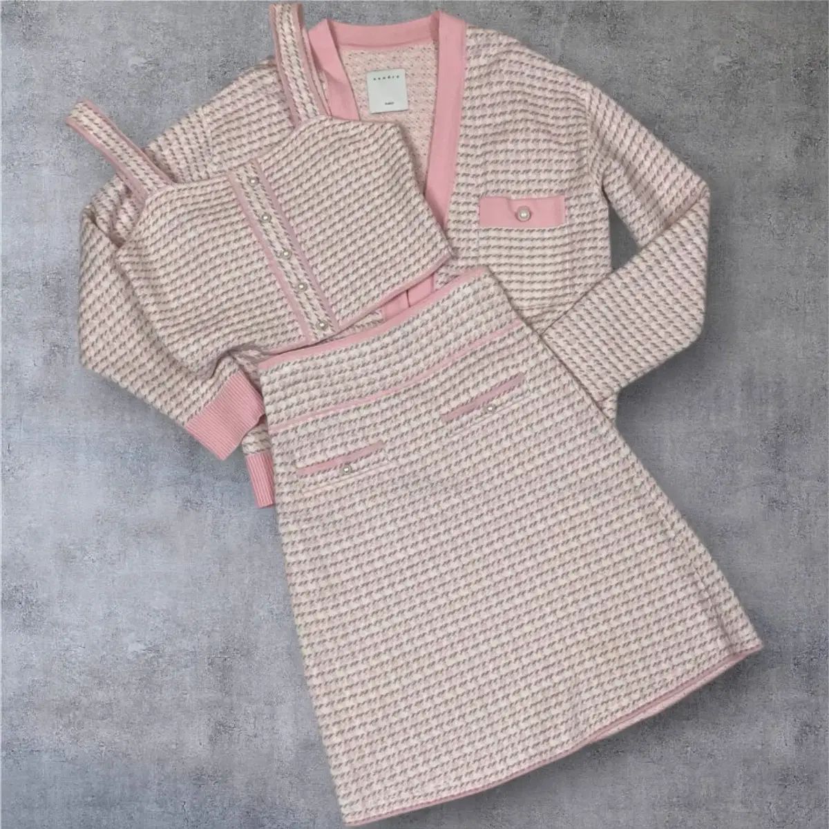 サンドロ Sandro ピンク ツイード パール ニット スリーピース セットアップ 1