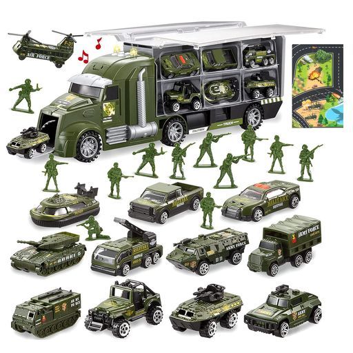 Carecolyトラック軍事車両セットミニカーセット大型収納車合金製ミニカー車おもちゃ軍事マップ付き作業車両乗せて運ぶ男の子女の子贈り物クリスマス誕生日のプレゼント(6歳以上)