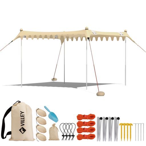 VILLEYタープビーチタープビーチサンシェードビーチテント4~6人用タープテントポール4本付き300*332 cm 300*332 cm紫外線防止UVカットUPF 50 遮光通気日よけ日焼対策熱中症対策海水浴組み立て簡単