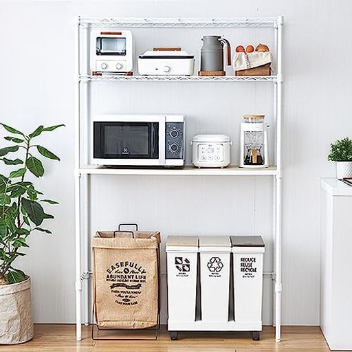 ドウシシャルミナスラテキッチン収納ゴミ箱上収納ホワイト白3段幅110おしゃれスチールラック棚ウッドシェルフ全体耐荷重240 kg奥行スリム幅111 x奥行41 x高さ174 cm水や傷に強い作業台ポール径…