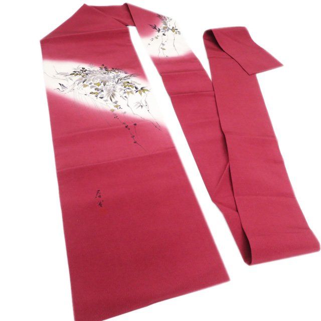 名古屋帯 なごや帯 リサイクル 正絹 縮緬地 仕立て上がり 山科春宣 落款 花鳥の図 蘇芳色 多色 きもの北條 A 1315-16