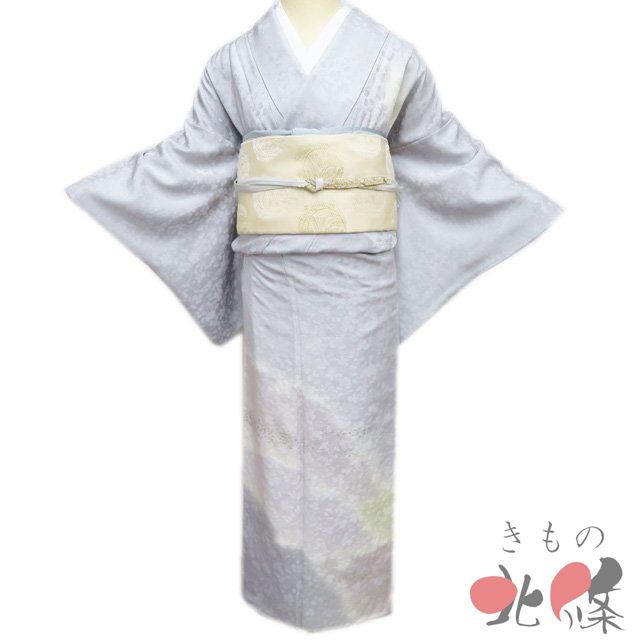 付下げ 付け下げ 訪問着 着物 正絹 袷 ますいわ屋 暈し 地模様 クローバー 白鼠色 身丈155 cm 裄63 SA きもの北條 A 1315-5