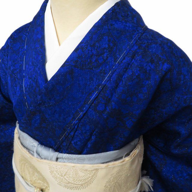 特選 訪問着 襦袢 2点セット 着物 ♥ 正絹 リサイクル 花紋 銀通し 群青色 身丈172.5 cm 裄73 L トール ワイド きもの北條 A 1315-1 抜け感 パフスリーブ