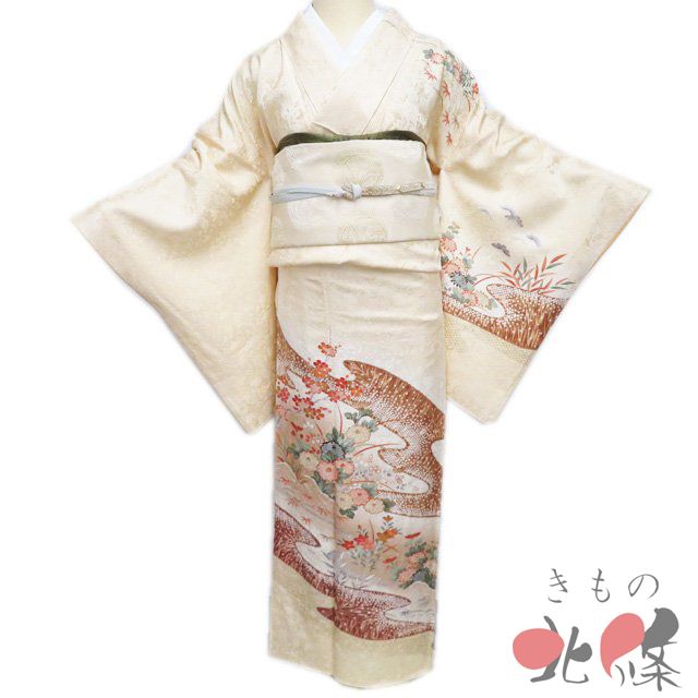 訪問着 着物 正絹 袷 フォーマル 花の図 地模様 宝尽くし 密陀僧色 多色 金 身丈164 cm 裄68.5 L きもの北條 A 1315-8