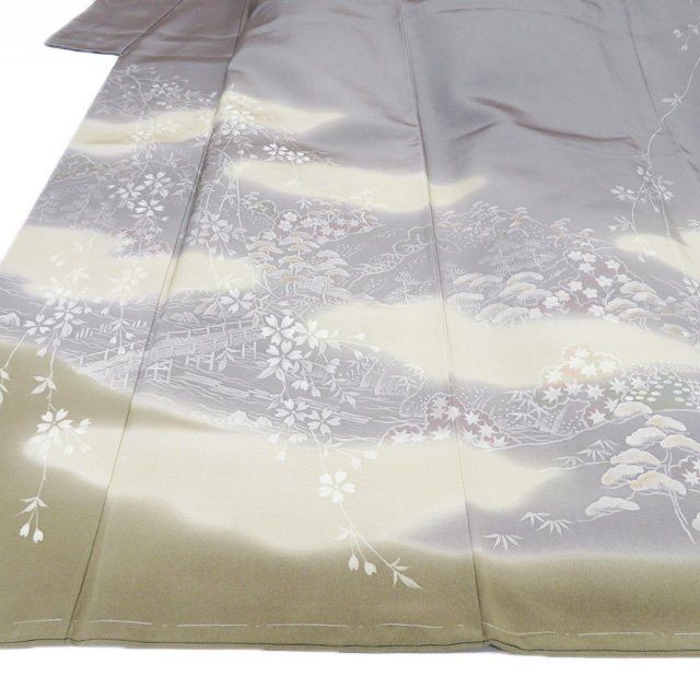 訪問着 着物 未使用 正絹 袷 フォーマル 紋付き 植物文様 風景 反端