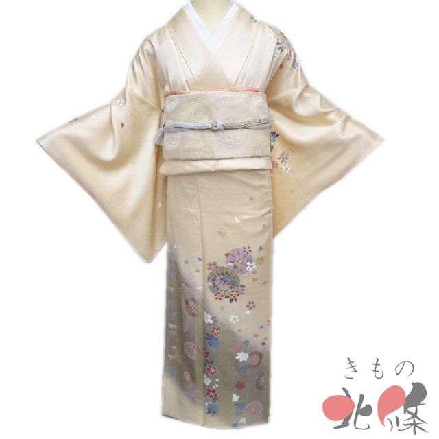 訪問着 着物 正絹 袷 フォーマル 金駒刺繍 桜模様 車輪 地模様 密陀僧色 多色 金 身丈163 cm 裄65.5 L きもの北條 A 1315-4