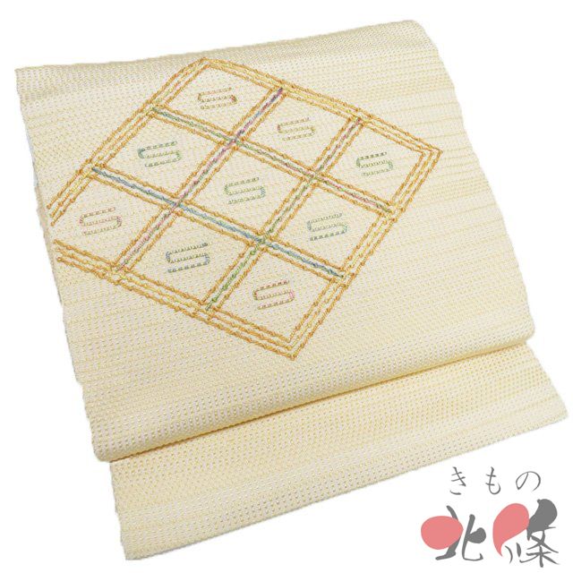 名古屋帯 なごや帯 単衣帯 リサイクル 正絹 カジュアル 仕立て上がり 淡黄色 多色 きもの北條 A 1315-13