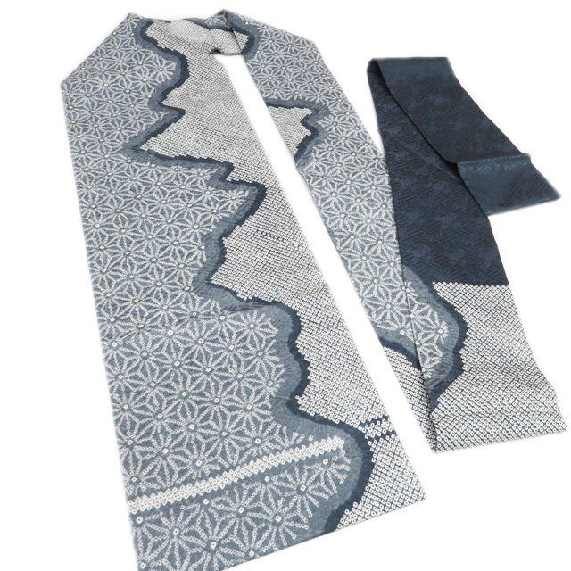 名古屋帯 なごや帯 リサイクル 正絹 カジュアル 仕立て上がり きぬたや 鹿の子絞り 麻の葉 鈍色 きもの北條 A 1315-12