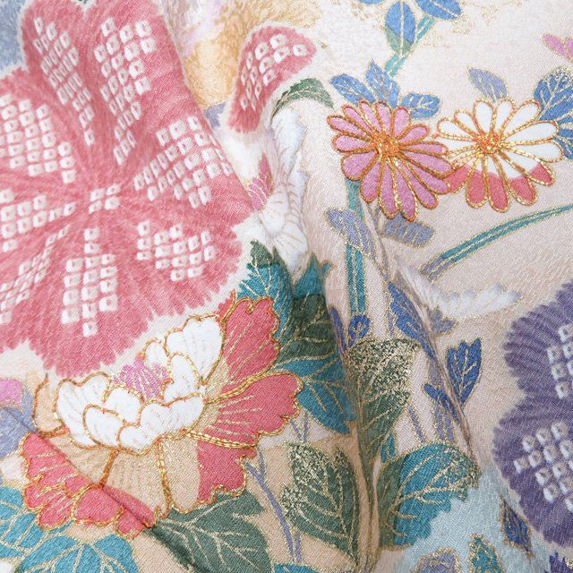 H036正絹　金駒刺繍花唐草花文模様訪問着　ベージュ H036正絹 金駒刺繍花唐草花文模様訪問着 ベージュ H036正絹 金