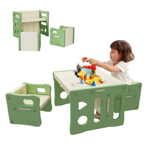 BanaSuper子供用テーブルと椅子3点セットお絵描きデスクアクティビティチェア多機能プラスチック家具軽量収納組立簡単リビング学習 絵かき ダイニング プレイセットグリーン