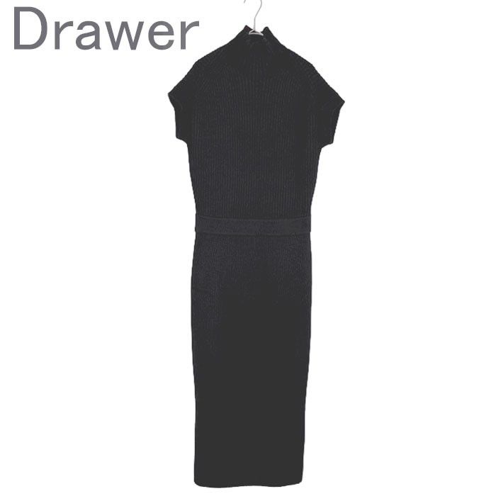 Drawer ドゥロワー ニットワンピース ブラック 半袖 ハイネック リブニット ウール カシミヤ混