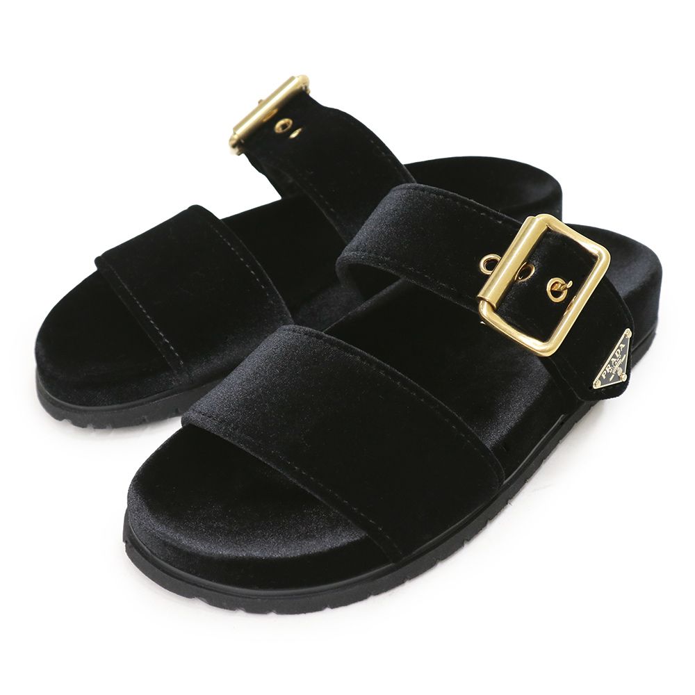 プラダ 1 XX 715 スライドサンダル ベルベット ブラック サンダル 靴 トライアングル ロゴ 35 22 cm アンティークゴールド金具 PRADA ♥品