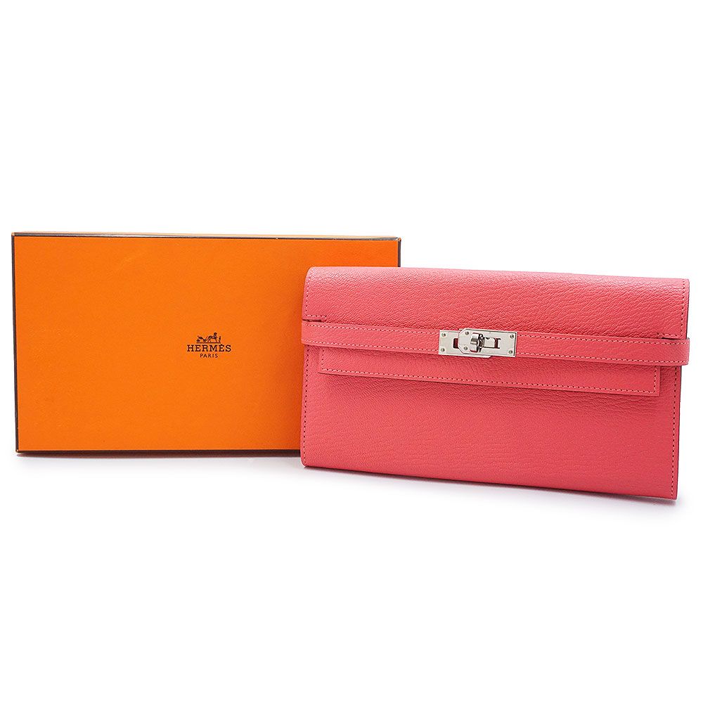 エルメス ケリーウォレット ロング シェーブルミゾール ローズリップスティック ピンク X刻印 二つ折り長財布 シェブル レザー シルバー金具 HERMES ♥ 展示品