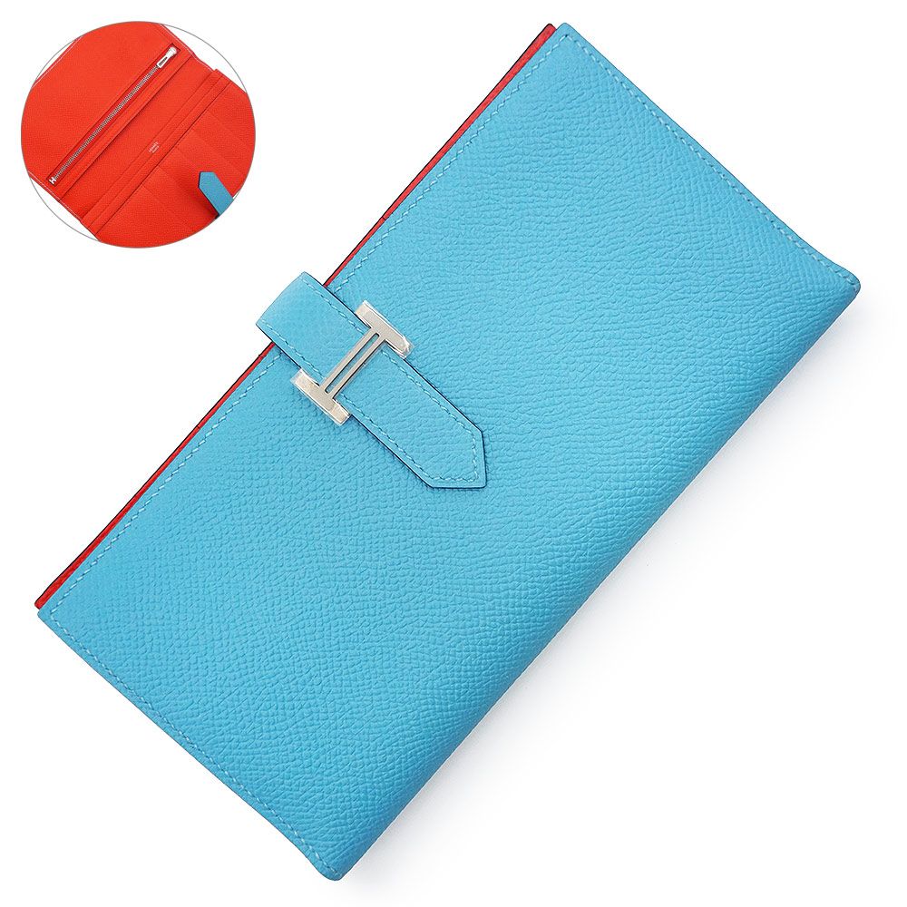 エルメス ベアン スフレ ヴェルソ ヴォーエプソン バイカラー ブルーデュノール ルージュドゥクール レッド D刻印 二つ折り長財布 レザー シルバー金具 HERMES ♥品