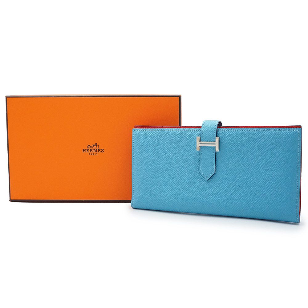 エルメス ベアン スフレ ヴェルソ ヴォーエプソン バイカラー ブルーデュノール ルージュドゥクール レッド D刻印 二つ折り長財布 レザー シルバー金具 HERMES ♥品