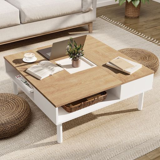 WAMPATローテーブルセンターテーブル正方形木制コーヒーテーブルちゃぶ台座卓コンパクト収納隠し収納スペース付きリビング用テーブル幅80 x奥行80 cmx高さ33 cmホワイトオーク