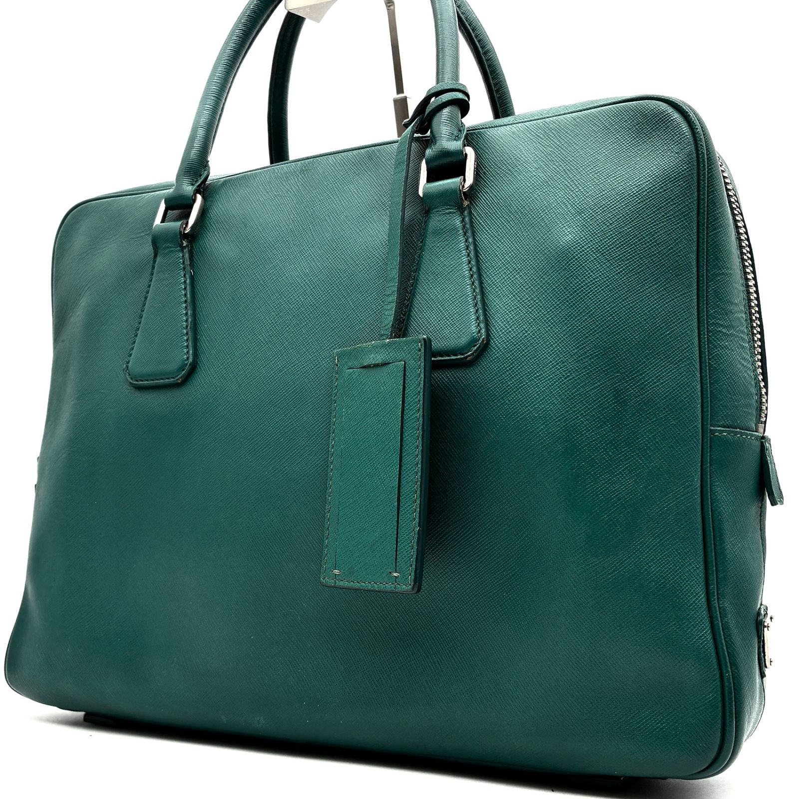 色 PRADA プラダ ブリーフケース ビジネスバッグ メンズ サフィアーノレザー 三角ロゴ 白タグ A 4可 大容量 仕事 出張 ターコイズグリーン