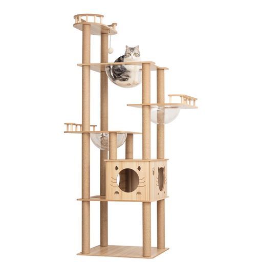 LULUCATキャットタワー木製据え置き多頭飼いおしゃれシニア猫高さ185 cm大型猫宇宙船 滑り止めマット付き クリアボウル木目調インテリア性重厚感大型省スペース成猫子猫中型猫爪とぎポ…