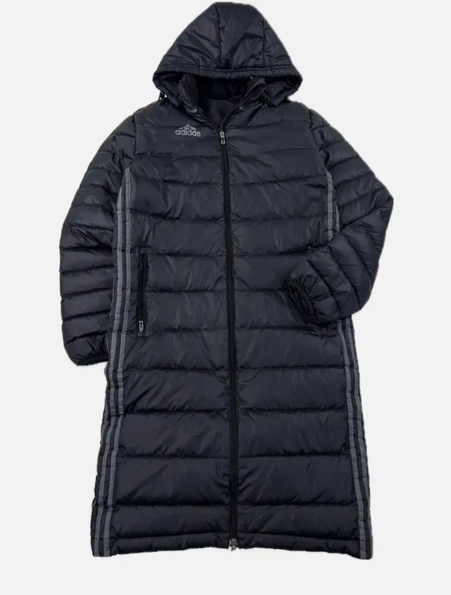 アディダス 3本線 ロングダウンジャケット ブラック フードダウン